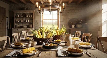Rustic dining table set for a harvest feast with corn on the cob in a charming farmhouse setting