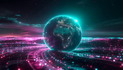 Experience the vibrant pulse of global connectivity and digital innovation with a luminous earth surrounded by abstract data streams.
