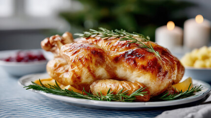 Golden roast turkey garnished with fresh rosemary on a platter, surrounded by festive sides, creating a warm Christmas dinner atmosphere for holiday recipes and cookbooks