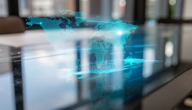 Dynamic digital world map projection glowing with modern technology and global connectivity in a sleek office setting