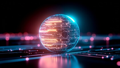 Experience the future with a glowing digital sphere, representing innovation, data, and global connectivity in a vibrant, high-tech environment.