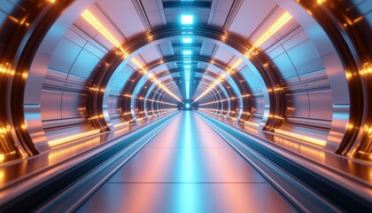 Journey into the future through a vibrant, illuminated, futuristic tunnel with glowing neon lights and sleek metallic architecture
