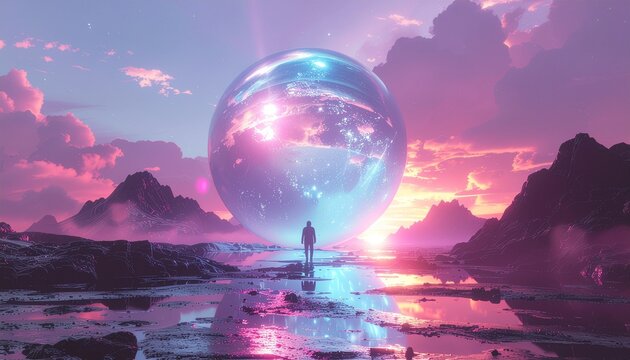 Lone explorer gazes at glowing celestial sphere in surreal alien landscape under vibrant pink sunset