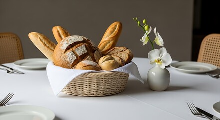 Fresh baked bread assortment in a basket on a table setting with white orchid centerpiece display