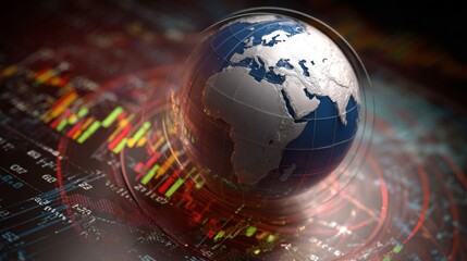 Detailed View of the Earth in 3D with Financial Graphs and Data Overlay Representing Global Economy and Market Trends for Stock Photo Use