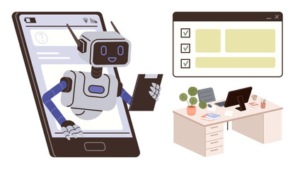 AI robot emerging from smartphone holding tablet, checklist pop-up, and office desk with computer, books, and potted plant. Ideal for AI assistance, task management, automation, technology