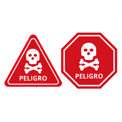 Peligro banners with skulls and text on a white background (trad. danger)