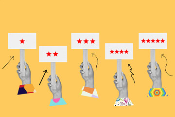 Collage of woman hands holding signs with 1, 2, 3, 4 and 5 star ratings on an orange background with arrows