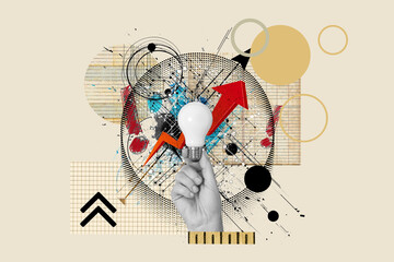Collage of a woman hand holding a light bulb on a background with a red ascending arrow, exclamation marks and colored circles