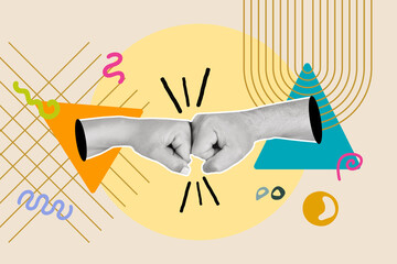 Collage of woman and man fists hitting each other on a yellow circle on a beige background with geometric shapes