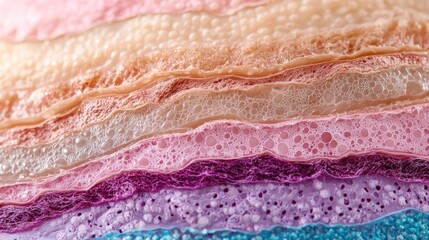 A close-up macro photograph reveals the intricate layered structure of a sponge, showcasing its distinct color bands and porous texture. 