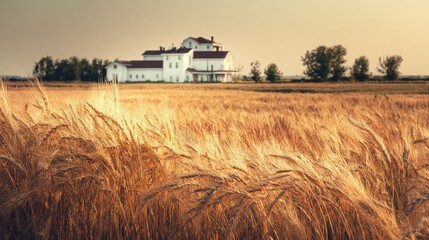 brewery. Golden wheat fields swaying in wind, traditional brewery farmhouse in rural landscape. ESG reports, sustainability campaigns, designed for environmental awareness campaigns.