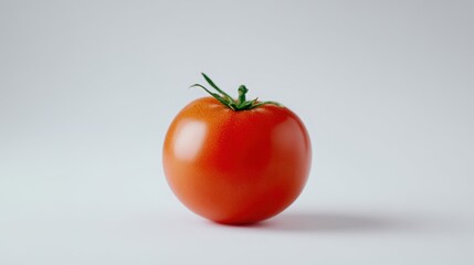 Fresh and Ripe Red Tomato on White Background with Green Stem