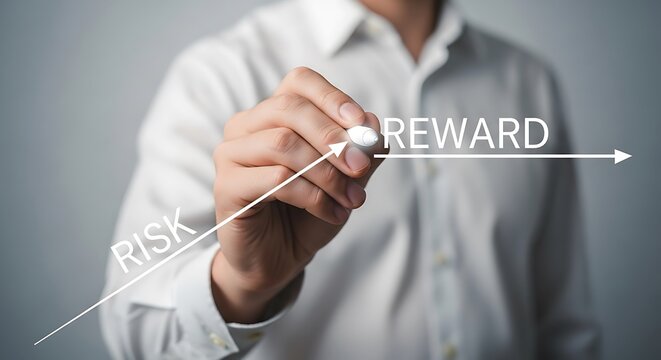 A businessman drawing a risk reward graph with a white marker, illustrating the concept of taking calculated risks for potential gains