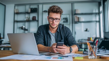 Fototapeta premium Young Man in Glasses Working on Smartphone at Modern Desk with Laptop and Documents in Bright Office Space