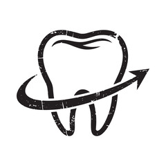 Stylized black and white illustration of a tooth with a circular arrow symbol