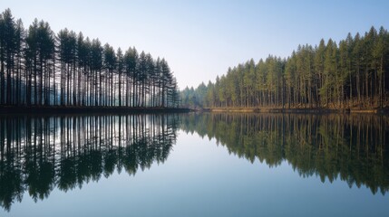 order. Calm lake mirroring a pine forest in symmetrical reflection under tranquil morning light. travel magazines, destination branding, designed for travel destination branding, used by hr managers.