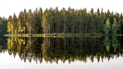 order. Calm lake mirroring a pine forest in symmetrical reflection under tranquil morning light. travel magazines, destination branding, designed for travel destination branding, used by hr managers.