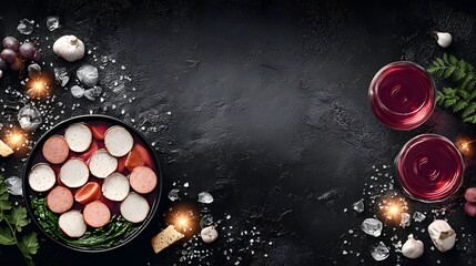 Top view of orecchiette pasta with broccoli rabe and sausage, rustic Italian table and clear space for overlay 