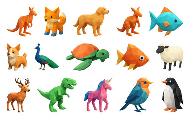 Obraz premium PNG Colorful polygonal animal figurines, element set on transparent background