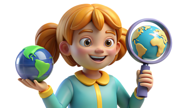 Cartoon girl with pigtails holding globe and magnifying glass for earth exploration concept art