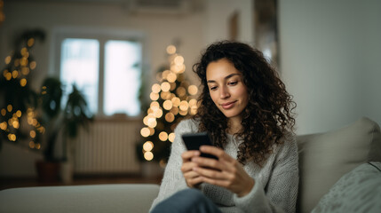 Hispanic white woman with curly hair using smartphone in cozy living room with soft daylight and blurred christmas tree glowing.