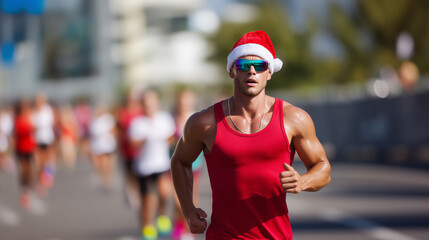Male runner wearing a santa hat, red tank top and sunglasses during a holiday marathon on sunny street. 