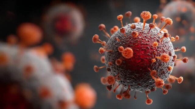 Microscopic 3D rendering of a spherical virus particle, a pathogen causing infectious disease. Detailed medical illustration of a health threat.