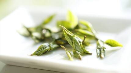 shallow. Fresh green tea leaves on a white plate with natural daylight and soft focus. menu design, packaging mockups, designed for culinary blogs and recipe cards for restaurants.