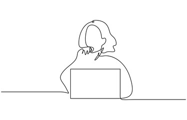 Man working on laptop and tablet in minimalist line art style. Minimalist single line art vector illustration
