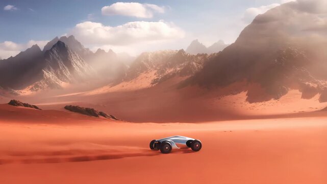 Futuristic dune buggy racing through vast red-orange desert under bright sky, surrounded by jagged rocky mountains, dramatic light rays, deep shadows, and cinematic aerial perspective