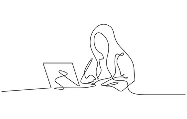 Man working on laptop and tablet in minimalist line art style. Minimalist single line art vector illustration
