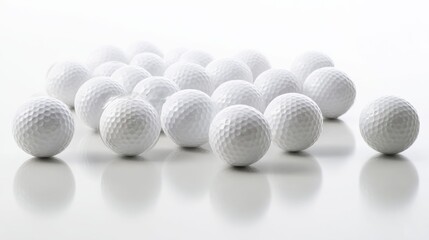 golf. An arrangement of multiple golf balls on a white background, showing texture. lifestyle magazines, social media lookbooks, designed for lifestyle magazines and social media content.