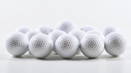 golf. An arrangement of multiple golf balls on a white background, showing texture. lifestyle magazines, social media lookbooks, designed for lifestyle magazines and social media content.