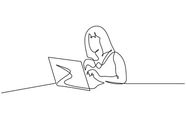 Man working on laptop and tablet in minimalist line art style. Minimalist single line art vector illustration