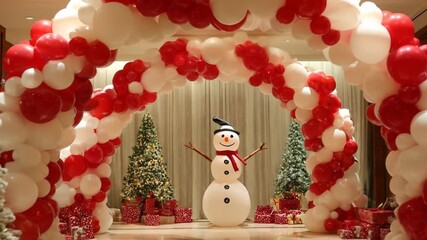 Joyful winter holiday event decorations with a whimsical snowman, vibrant red and white balloon arch, festive Christmas trees, and gift boxes - Powered by Adobe