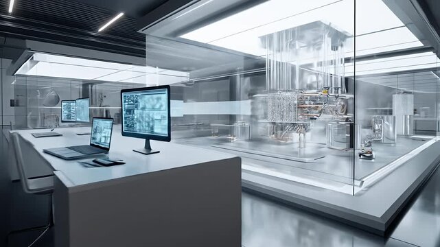 Modern Science Laboratory Control Room with Futuristic Glass Enclosure