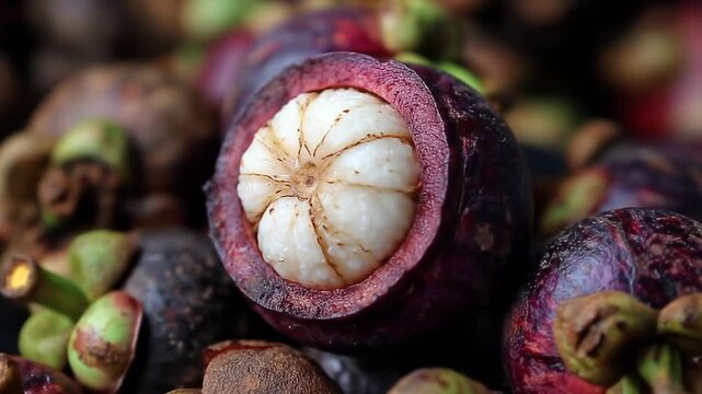 Exotic mangosteen fruit, halved to display its sweet, juicy white arils and rich purple rind, with other whole fruits in a pile.
