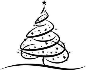 Christmas tree silhouette vector illustration, festive holiday artwork, seasonal decoration design, elegant winter celebration graphic, star swirl ribbon pattern, cad drawing flat vector illustration