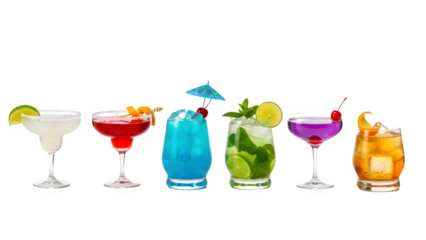 a set of cocktails: gin tonic, blue lagoon, tequila sunrise, iced irish coffee, pina colada, mai tai, cocktail with rum, whiskey, mojito, bar menu drinks, cocktails isolated PNG	