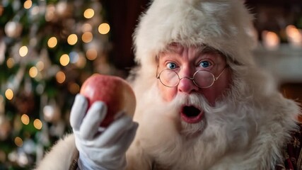 Surprised holiday figure in classic red and white suit holds a vibrant red apple during the festive season. - Powered by Adobe