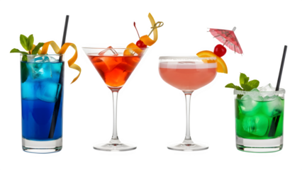 a set of cocktails: gin tonic, blue lagoon, tequila sunrise, iced irish coffee, pina colada, mai tai, cocktail with rum, whiskey, mojito, bar menu drinks, cocktails isolated PNG