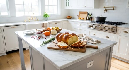 Fresh challah bread and autumn harvest on a marble kitchen island in a bright and modern home setting