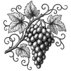 Grapes Engraving, Vintage Botanical Line Art of Grape Vine and Leaves, Detailed Black and White Etching Illustration Isolated on Transparent Background