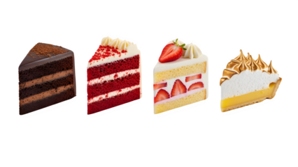 set of cake slices, cake slice png, cheesecake slice png, delicious cake slices set png, cake slices set isolated on white background, cheesecake slice on white background