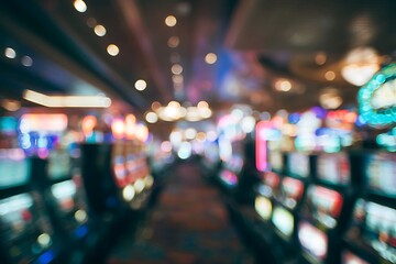 A blurry casino interior with rows of slot machines, abstracting the theme of chance and gaming in an atmospheric setting.