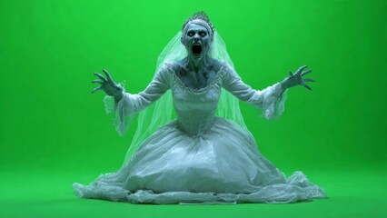 Fototapeta premium Scary Bride Zombie Against Green Background, Horror Character for Visual Effects