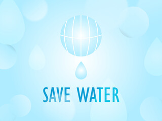 水のしずくと地球モチーフを組み合わせた「SAVE WATER」ポスター（淡いブルーのグラデーション背景・透明感・環境保護キャンペーン用デザイン・SDGs/節水啓発に最適）｜Save Water Poster with Globe and Water Drop