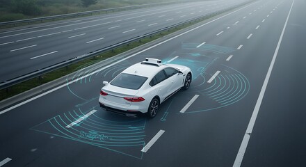 Autonomous self driving car navigating a highway with sensor data visualization