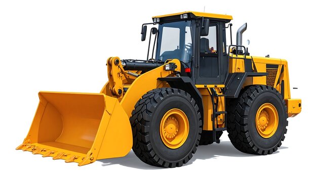3D realistic heavy wheel loader with articulated steering and bucket, construction equipment concept